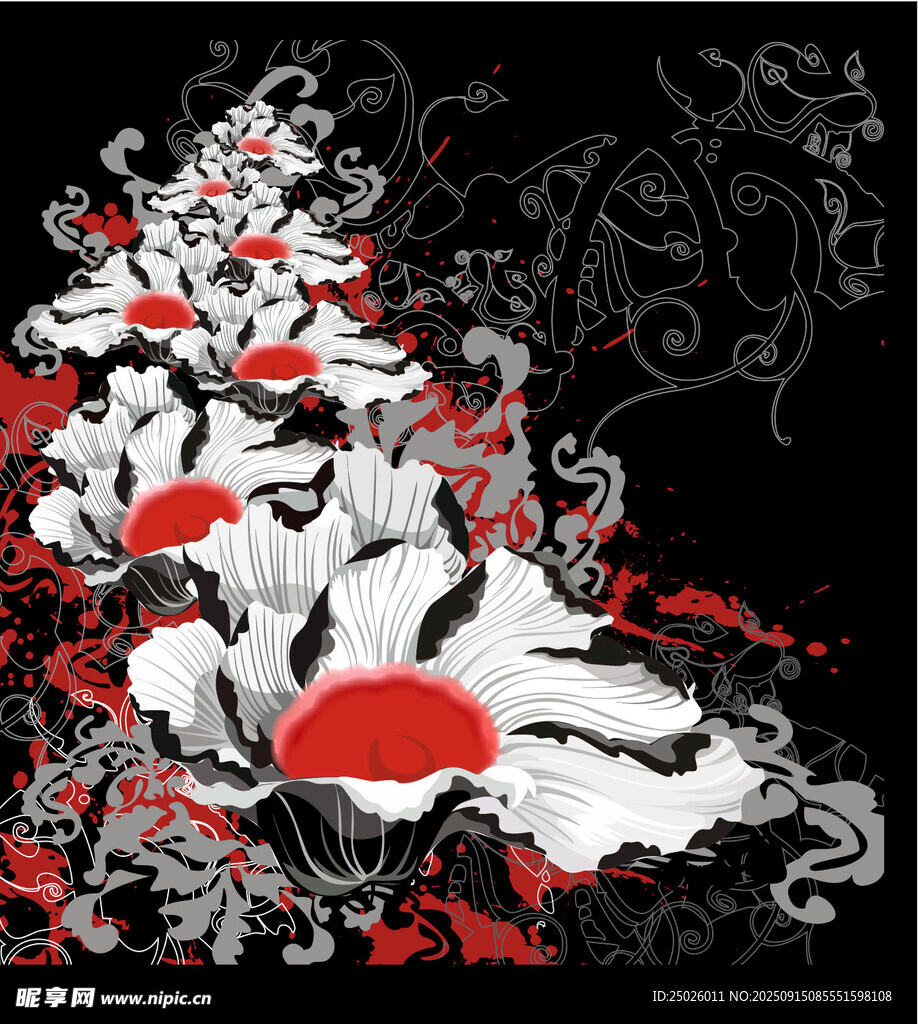 水墨风红白花卉图案