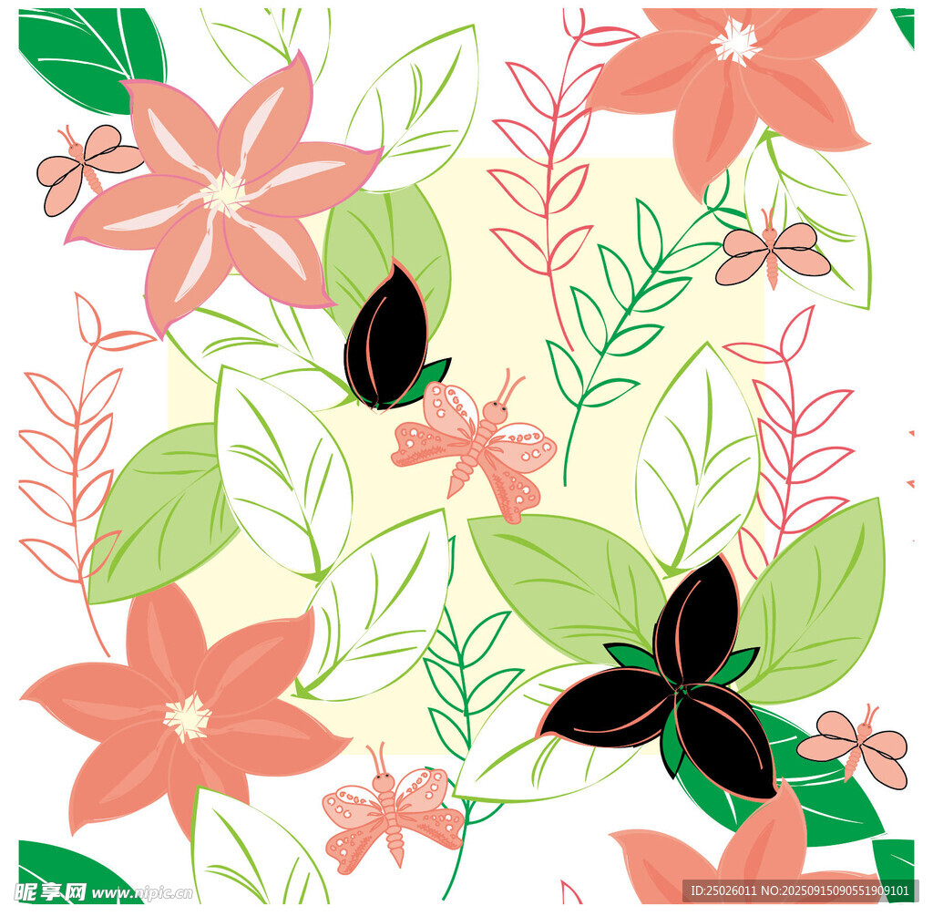 花卉蝴蝶清新插画图案