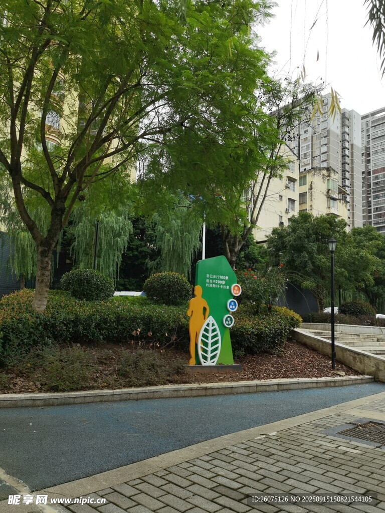 城市公园中的绿色指示牌