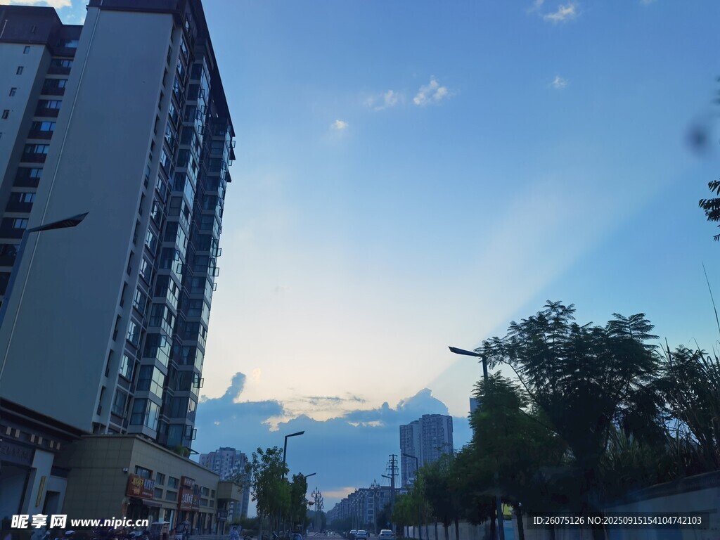 城市高楼与蓝天绿树景观