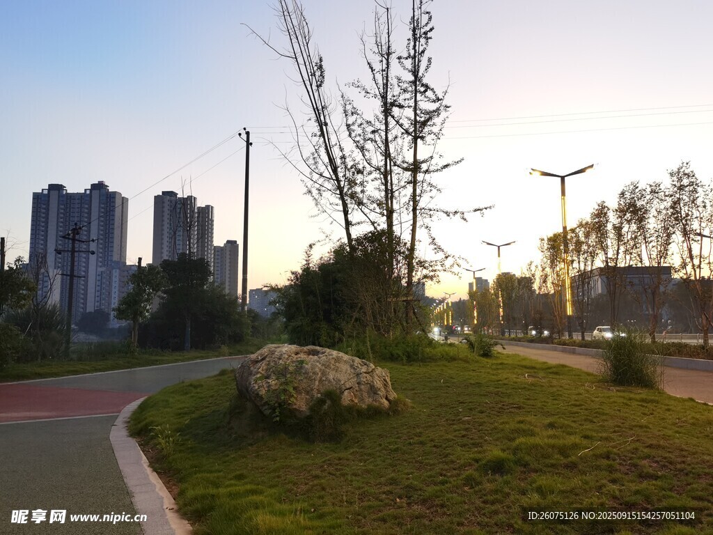 城市黄昏下的绿地景观
