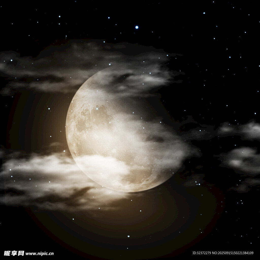 夜空中朦胧的明亮月亮