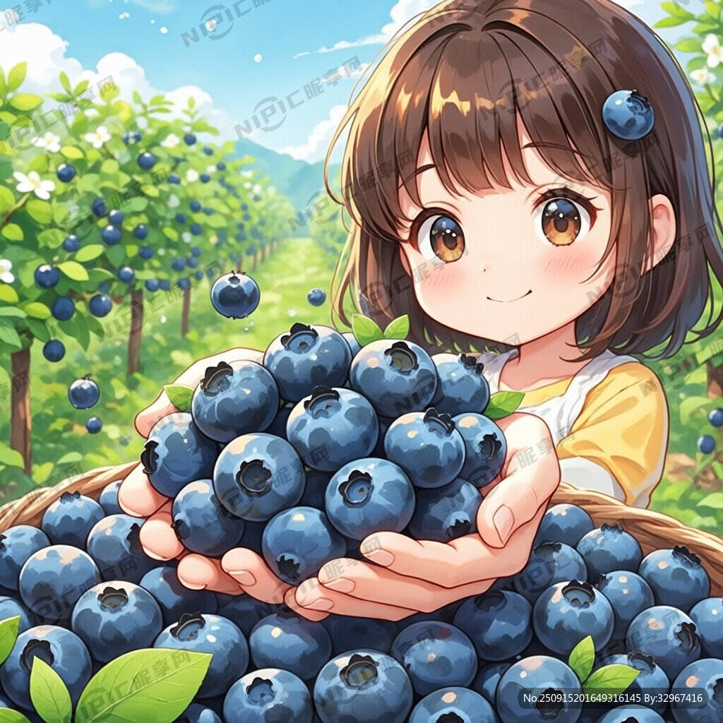 卡通小美女手里捧着大颗粒花香蓝