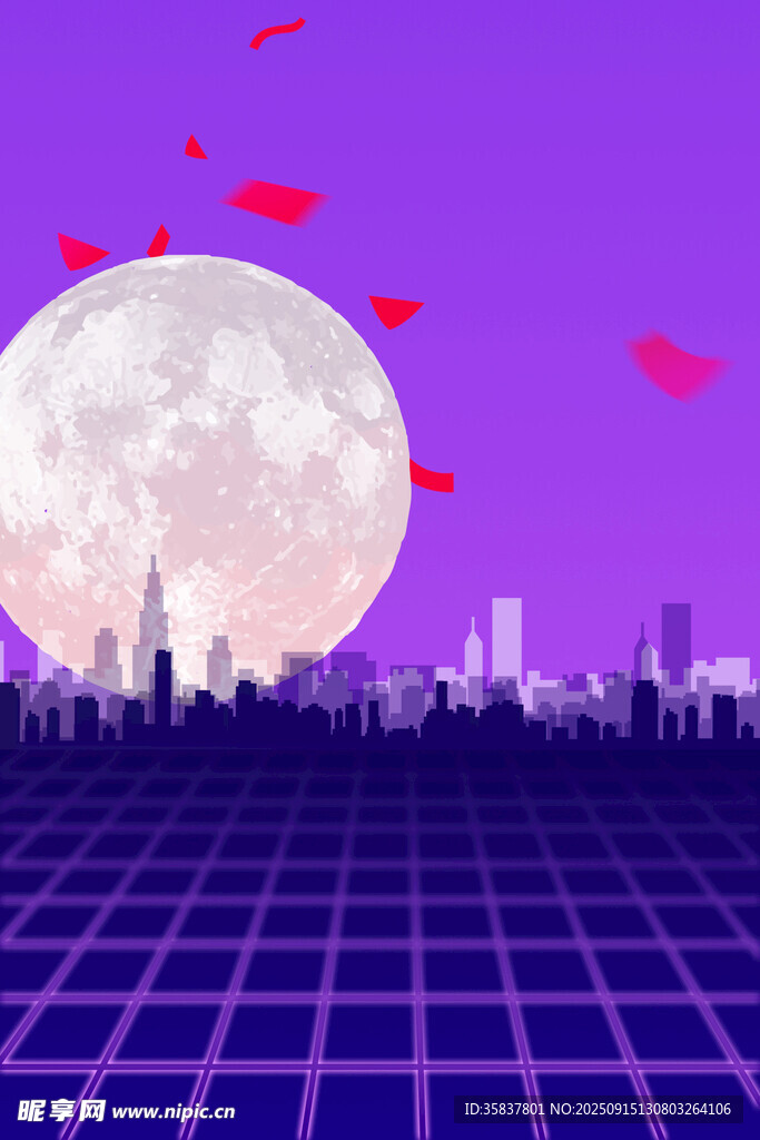 月夜城市上空的浪漫纸飞机