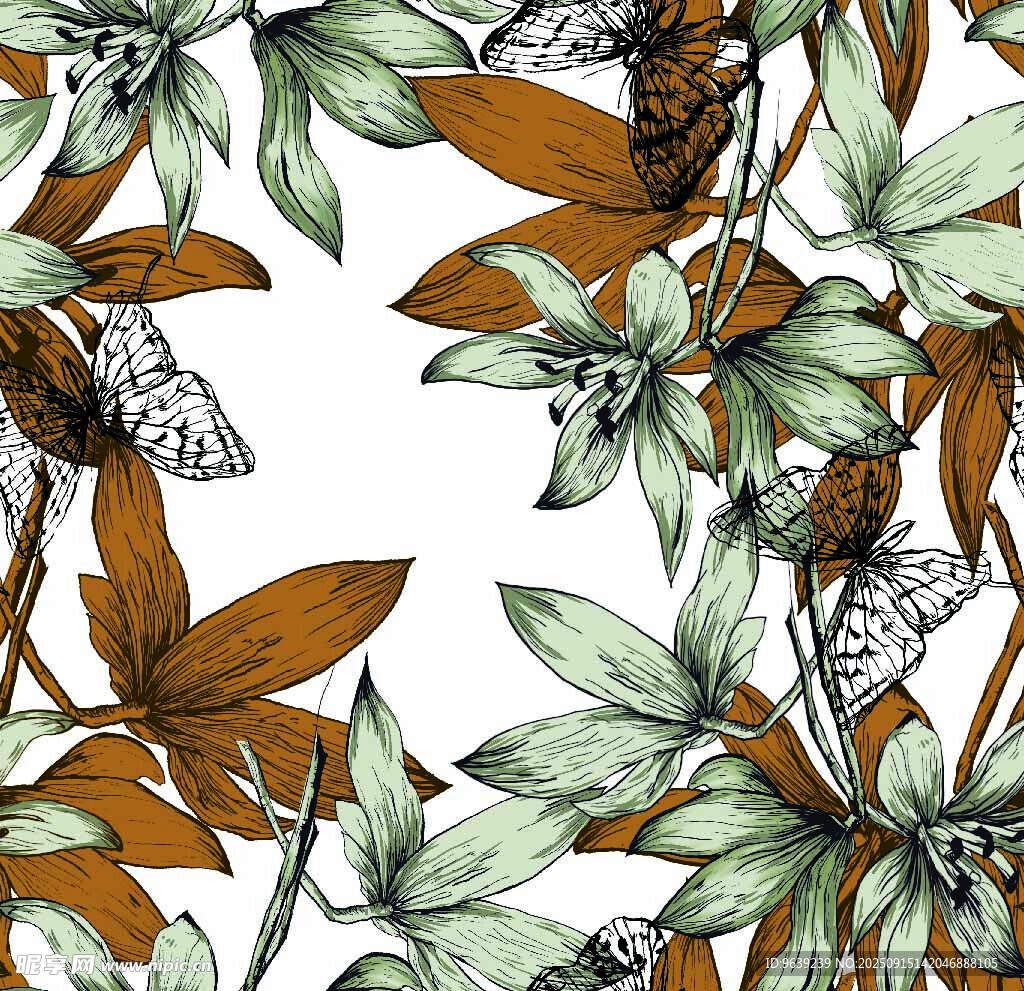 植物蝴蝶图案的精美插画
