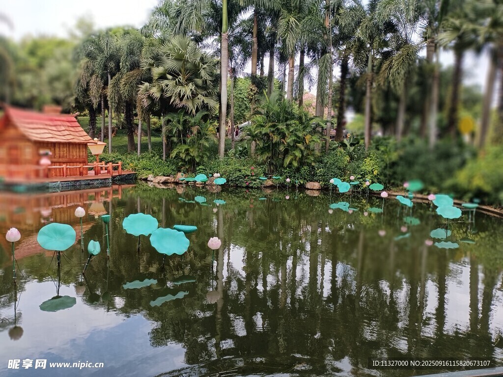 湖畔绿植环绕的小屋