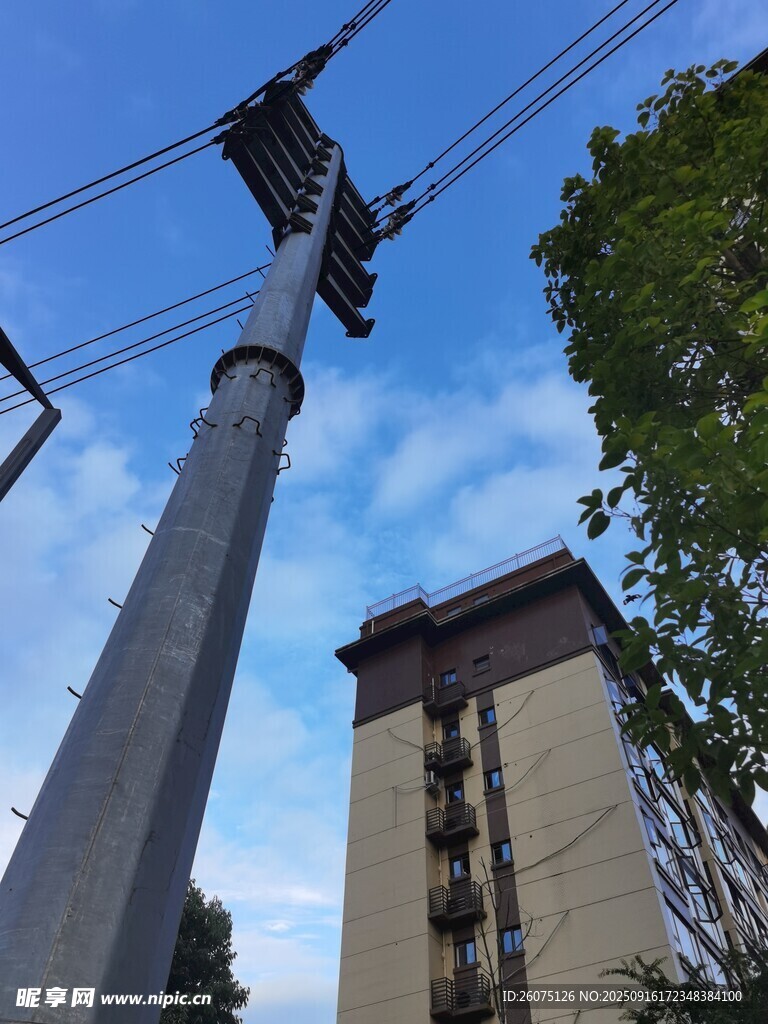 高耸电线杆与周边建筑
