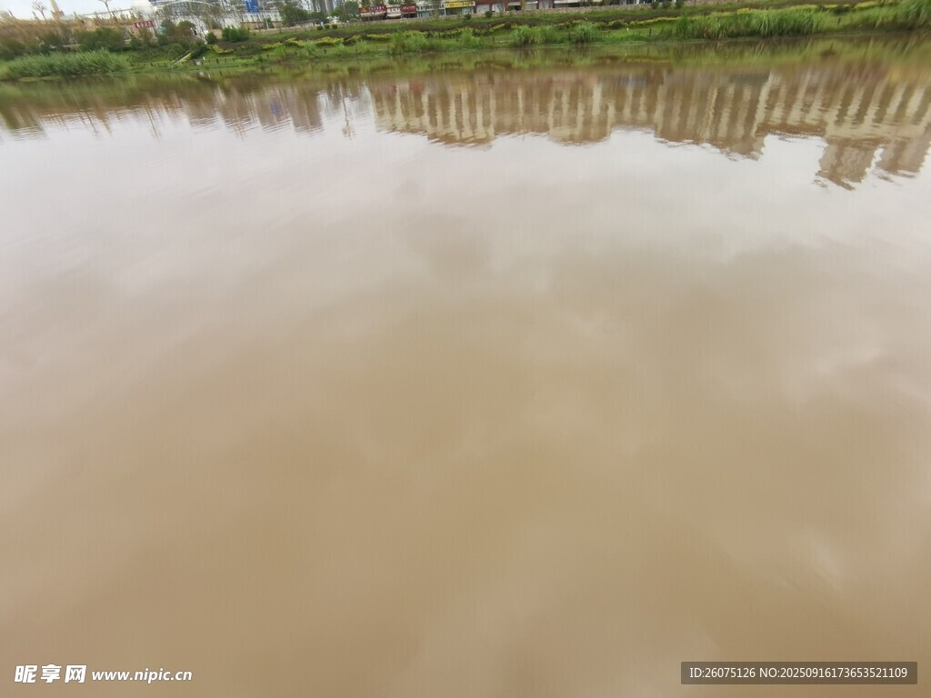 浑浊河水与岸边倒影