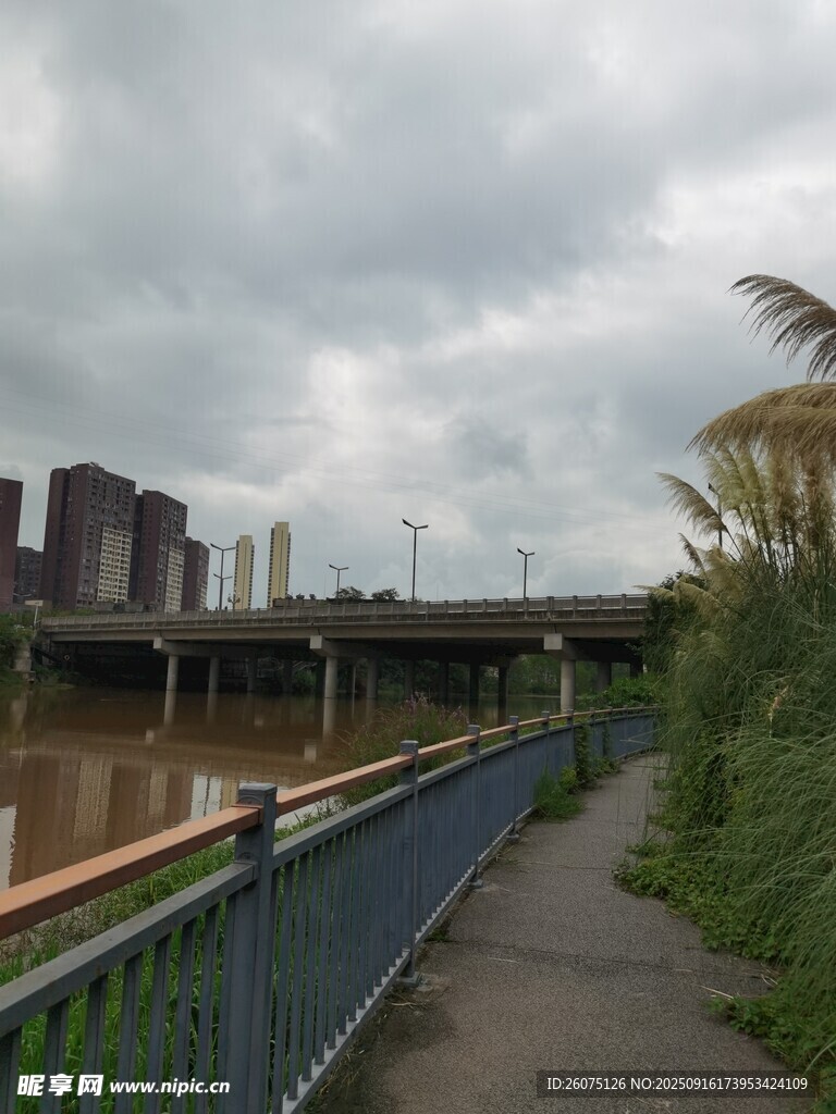 河边步道与远处城市景观