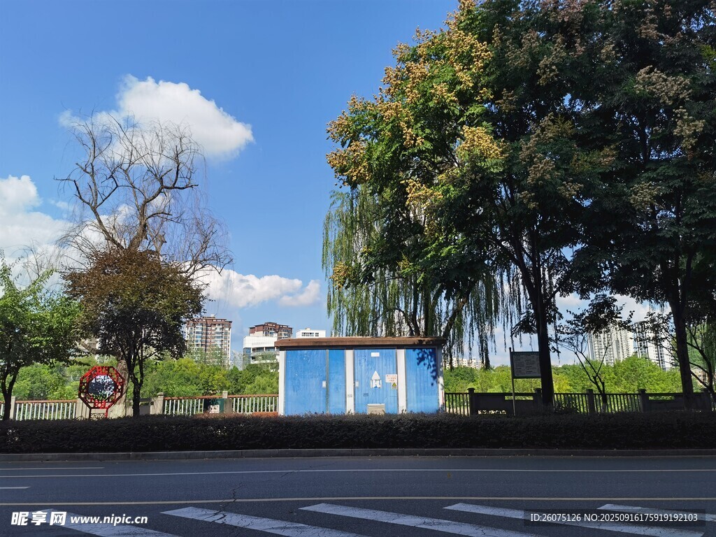 户外蓝白建筑与绿树景观