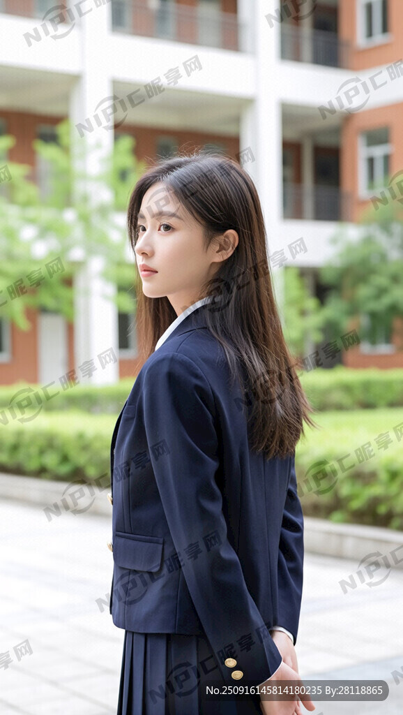 身穿学院制服、美女侧脸背影、只