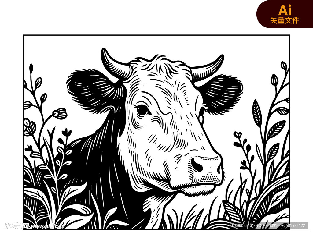 黑白插画中的牛与植物
