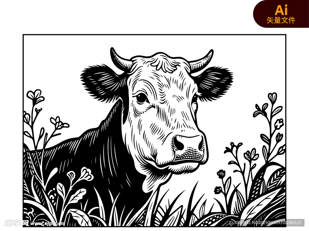黑白插画中的悠闲奶牛