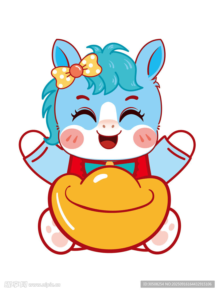 蓝马抱金元宝欢乐形象
