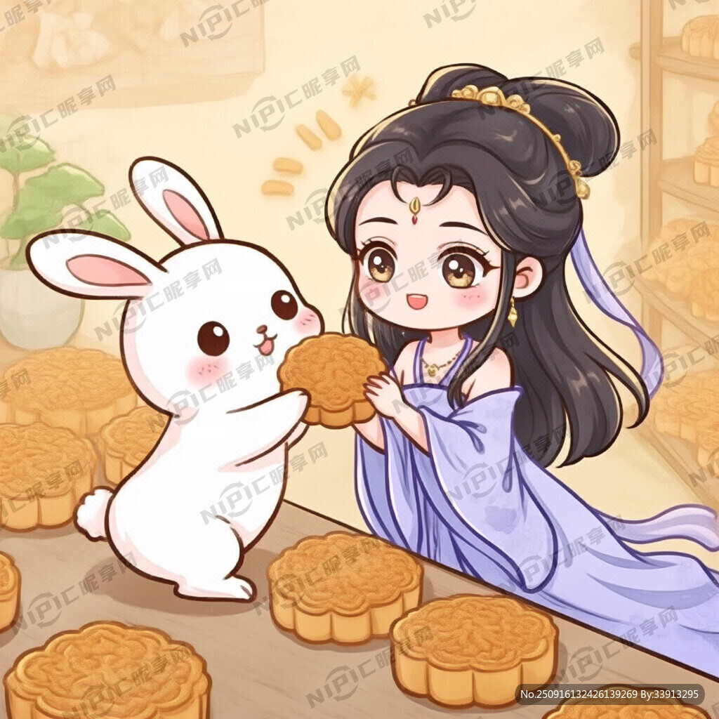 卡通兔子跟卡通嫦娥一起夹月饼