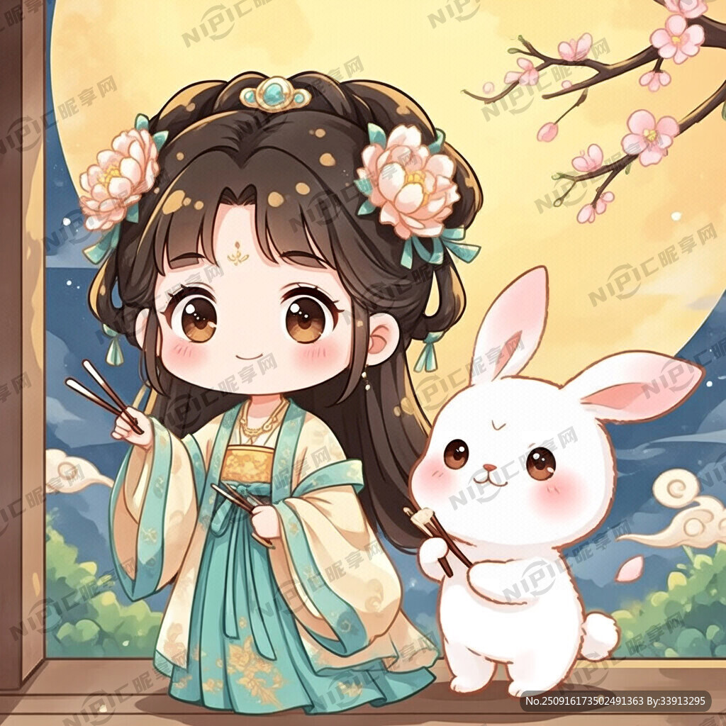 中秋卡通古装小女孩拿筷子跟卡通