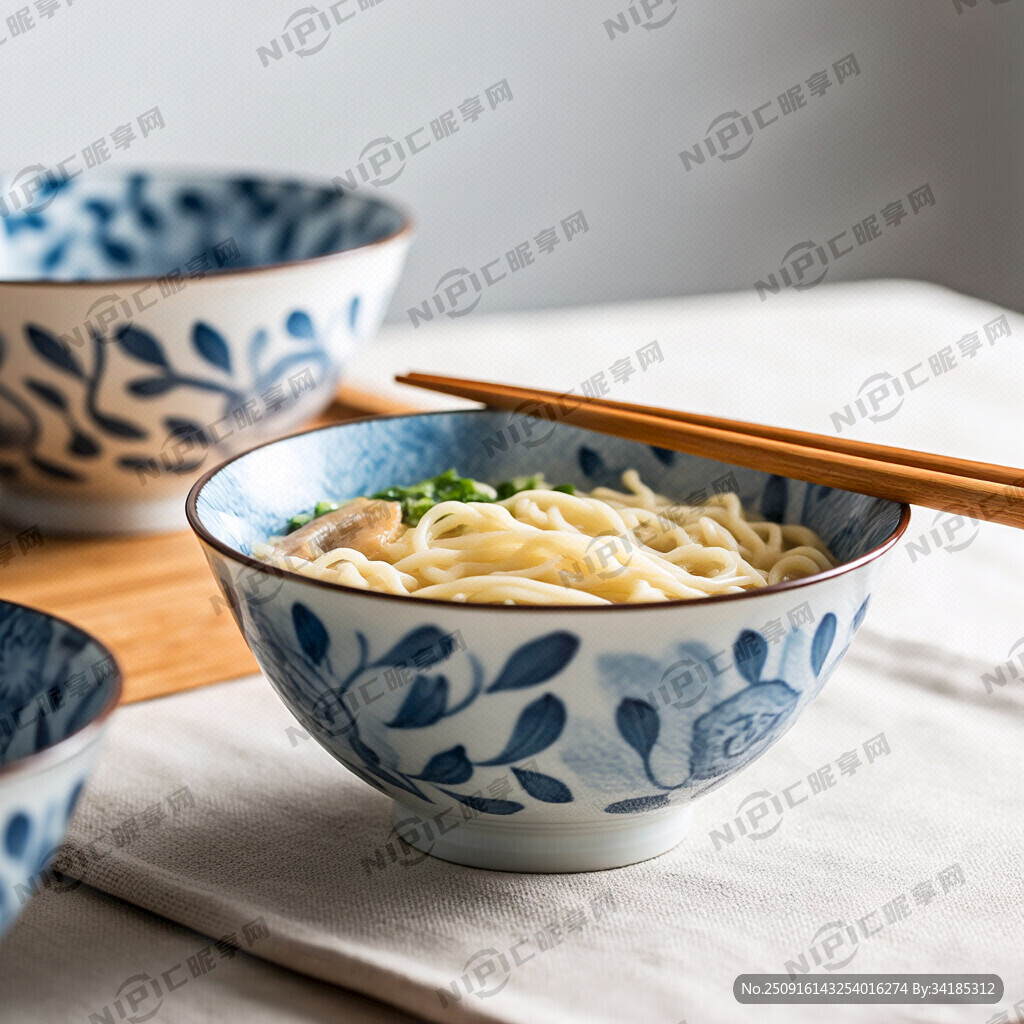 青花瓷碗加拉面面条和筷子生成一