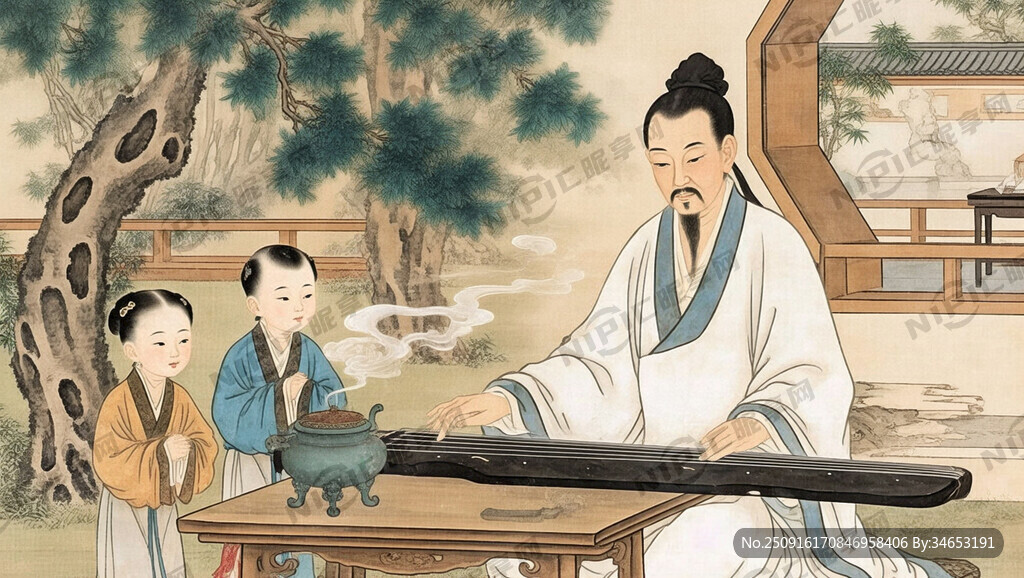 国画风格 古代园林 香炉