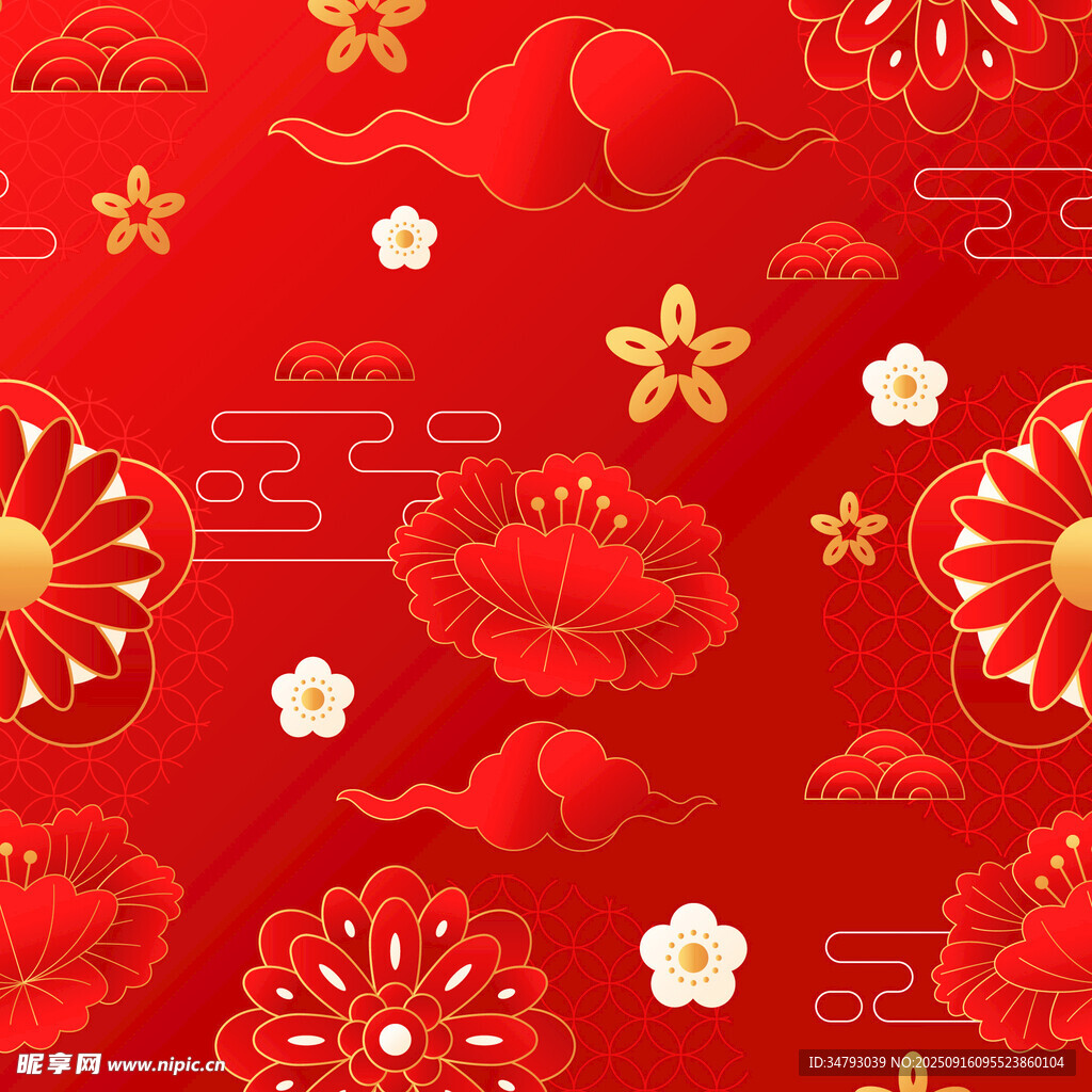 喜庆中式传统花卉祥云图案