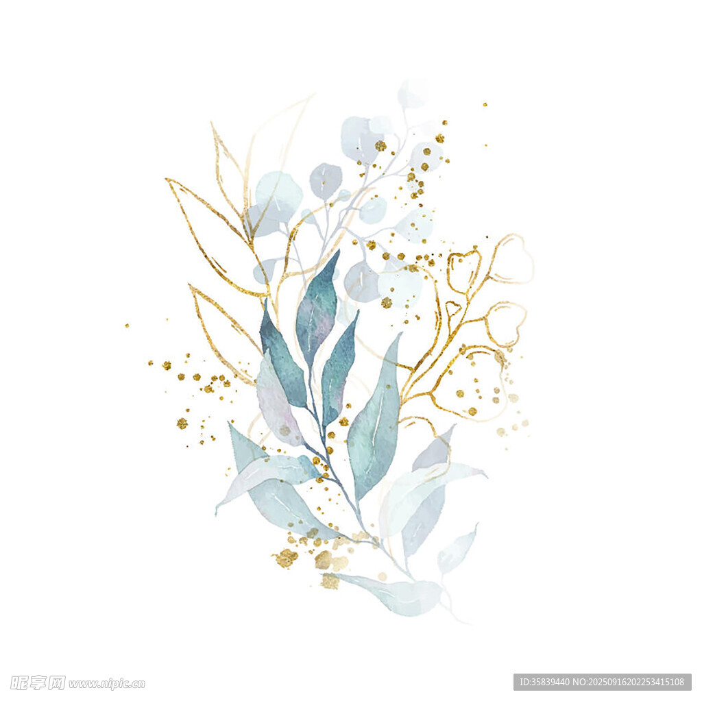 蓝金植物水彩插画图案