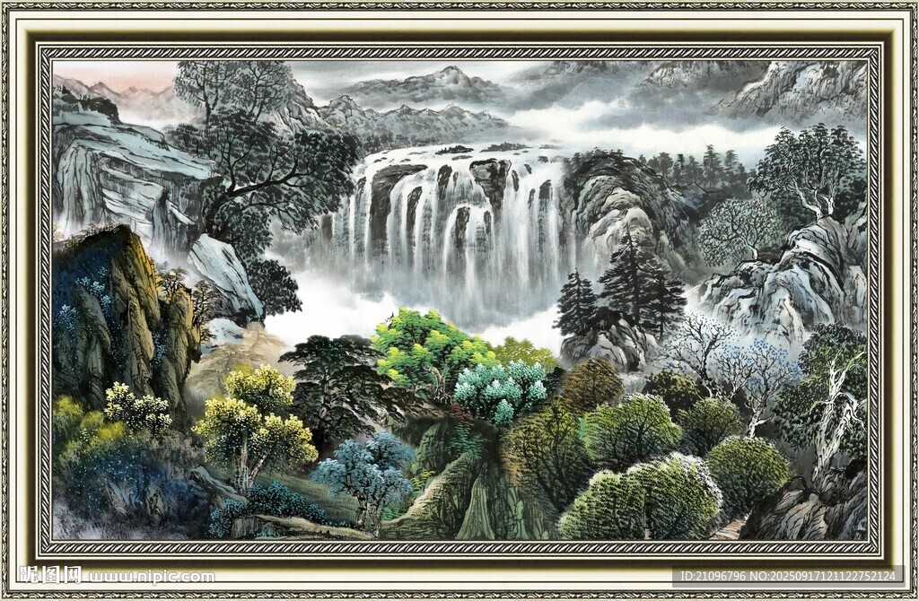 山水瀑布国画景观图