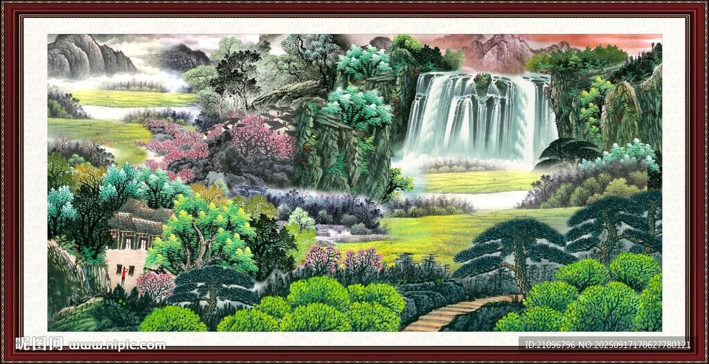 山水瀑布国画风景图