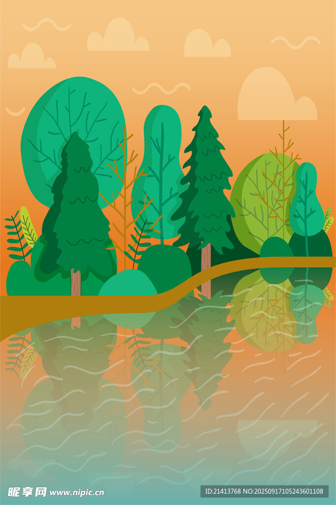 湖畔绿树风景插画