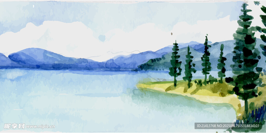 湖畔松林水彩风景画