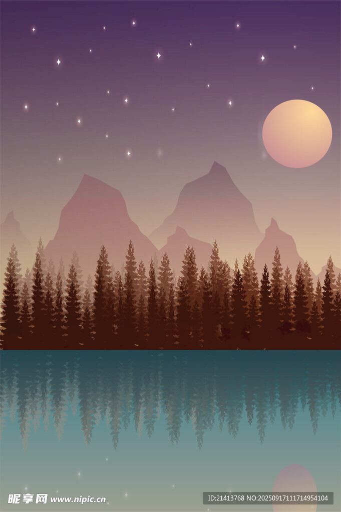 静谧月夜山林湖景图