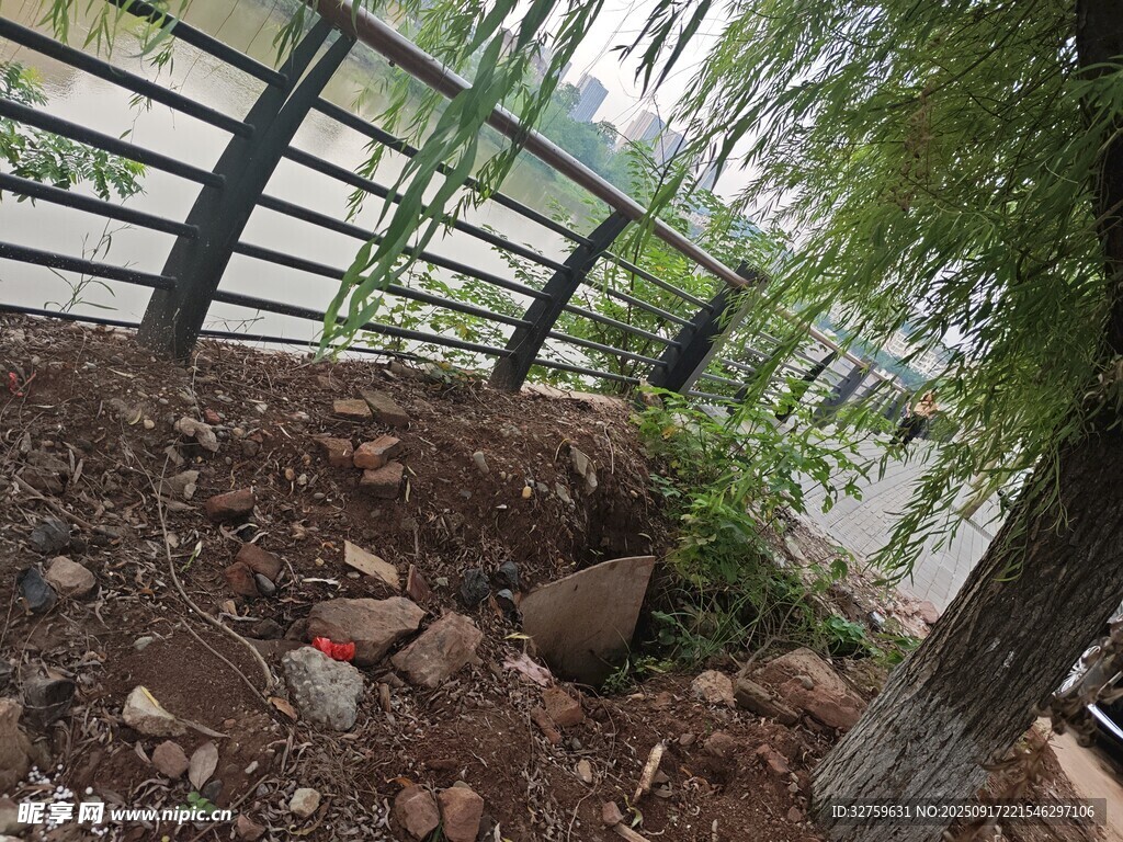 户外碎石旁的绿植与围栏