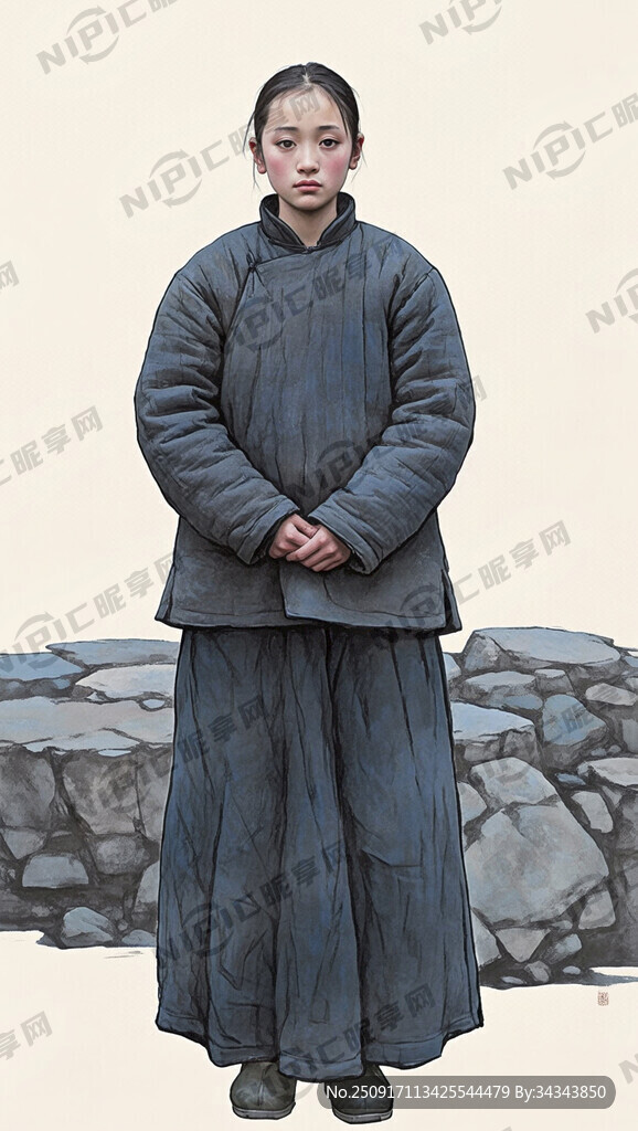 中国传统工笔人物画描绘全身站立