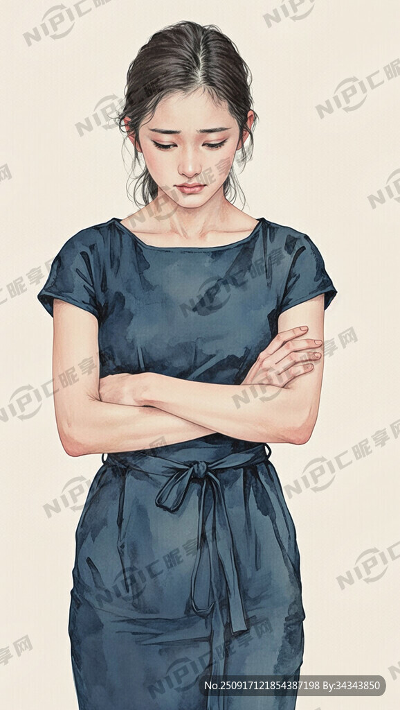 现代年轻女性全身站立 头微低