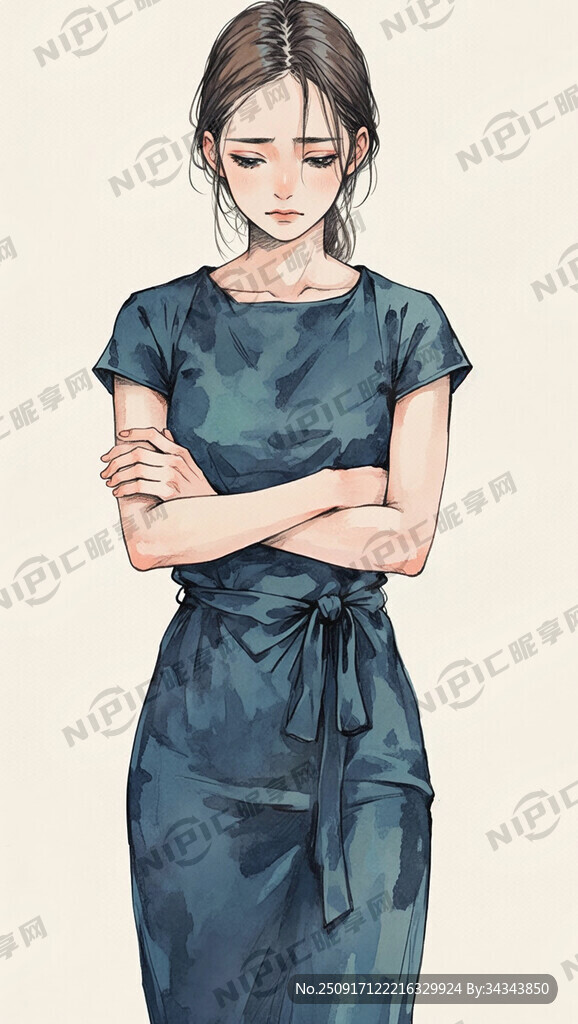 现代年轻女性全身站立 头微低