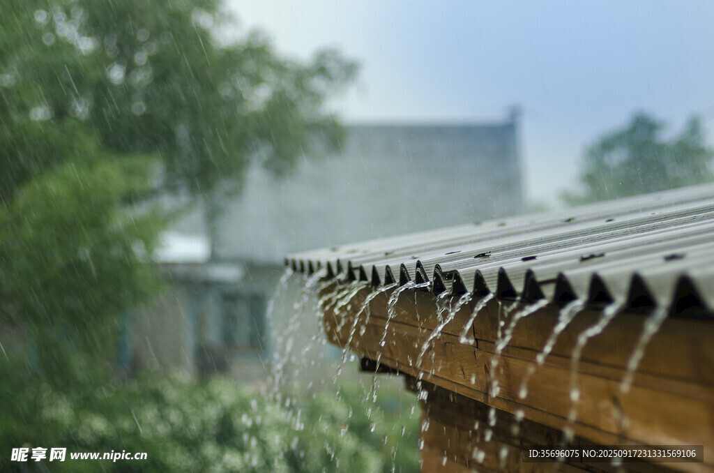 屋檐雨滴落下的静谧瞬间