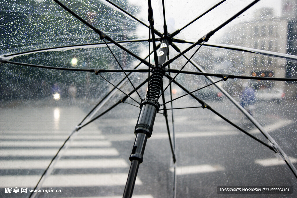 雨中撑伞视角下的城市街道