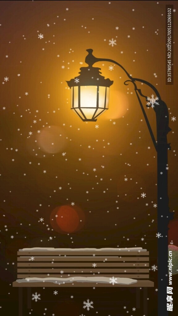 雪夜路灯下的静谧长椅