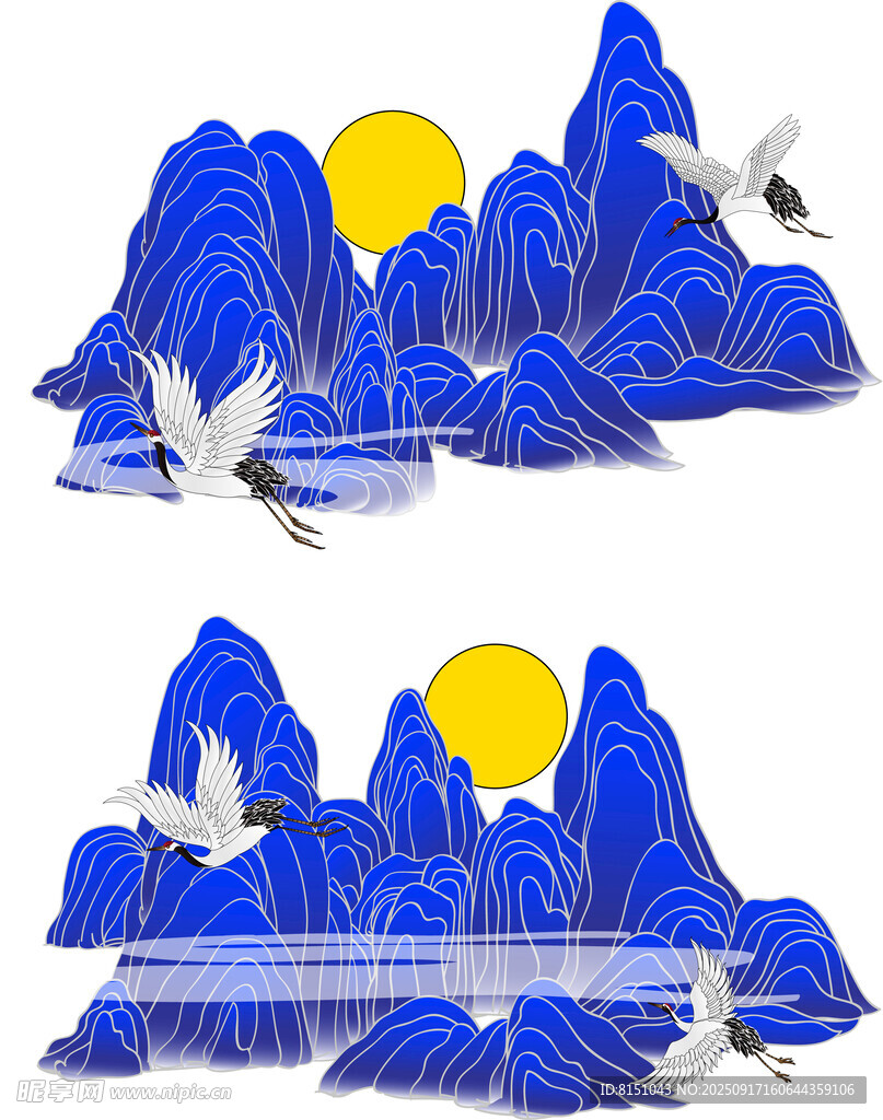中式山水飞鸟日出插画
