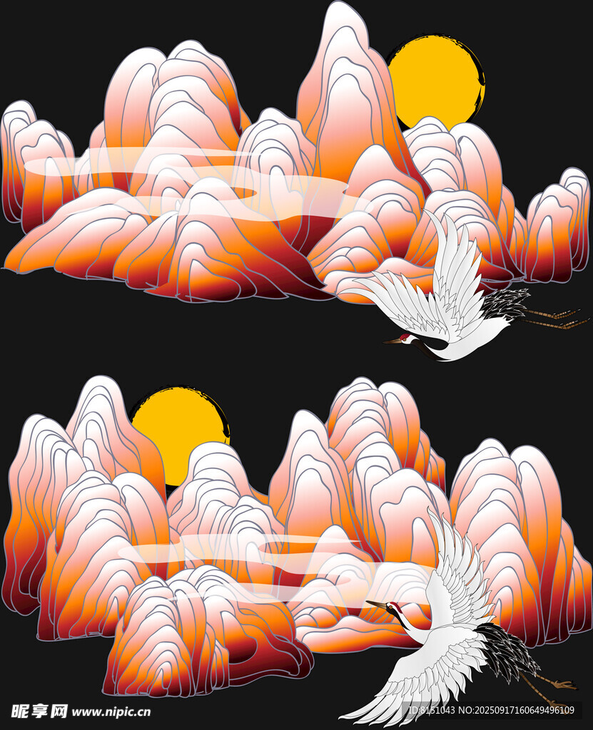 中式山水仙鹤日出插画