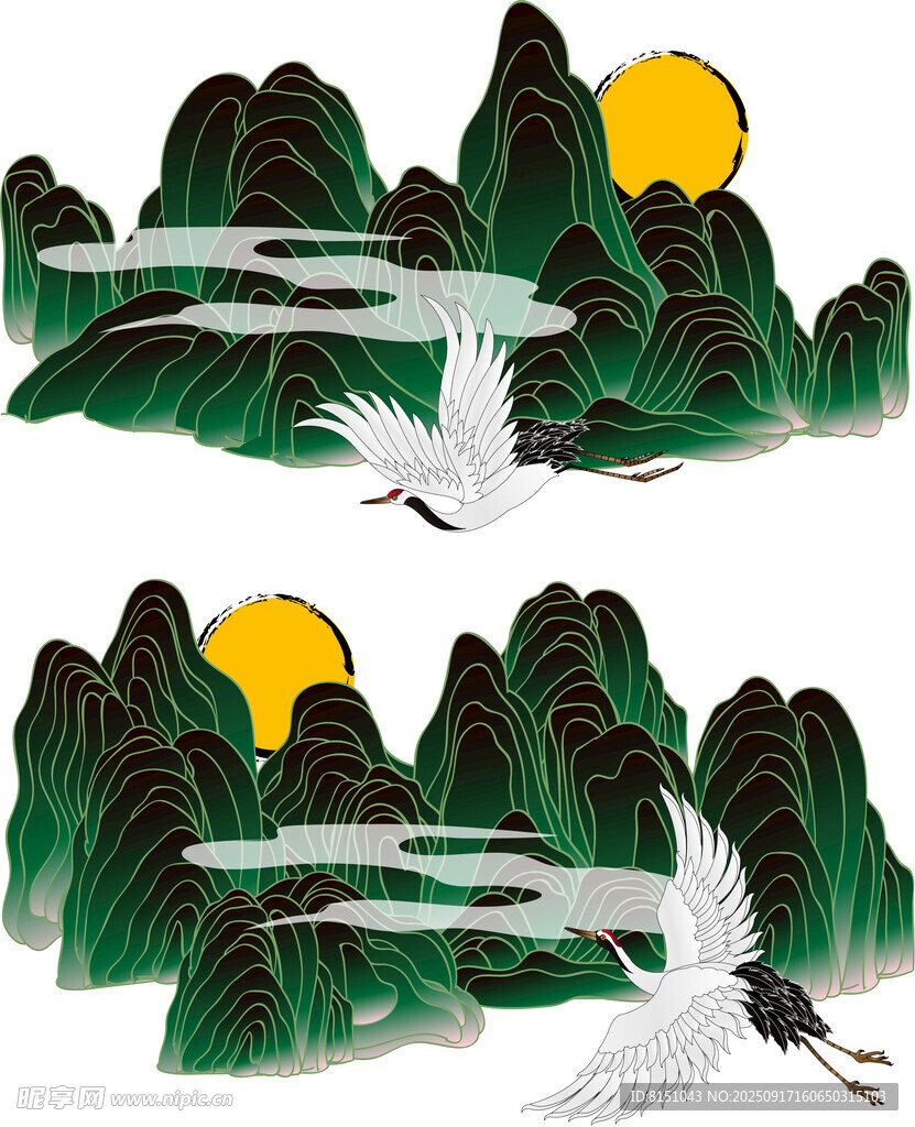 水墨山水间双鹤伴月图