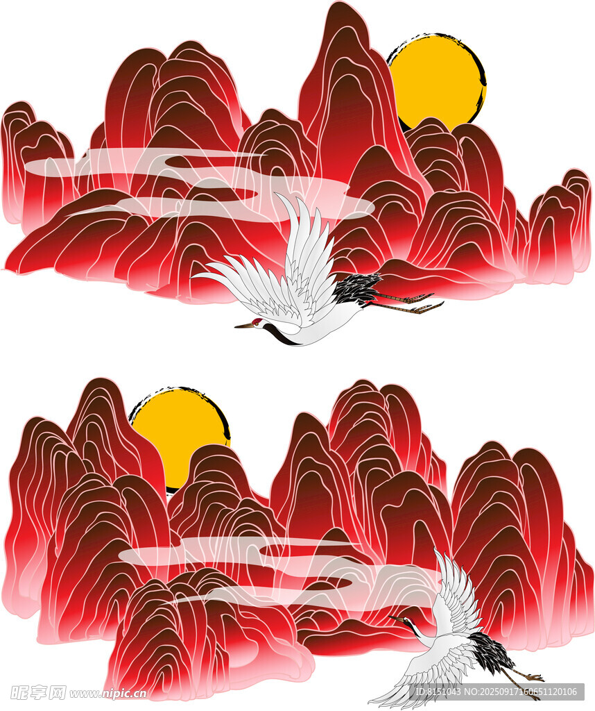 中式山水仙鹤意境插画