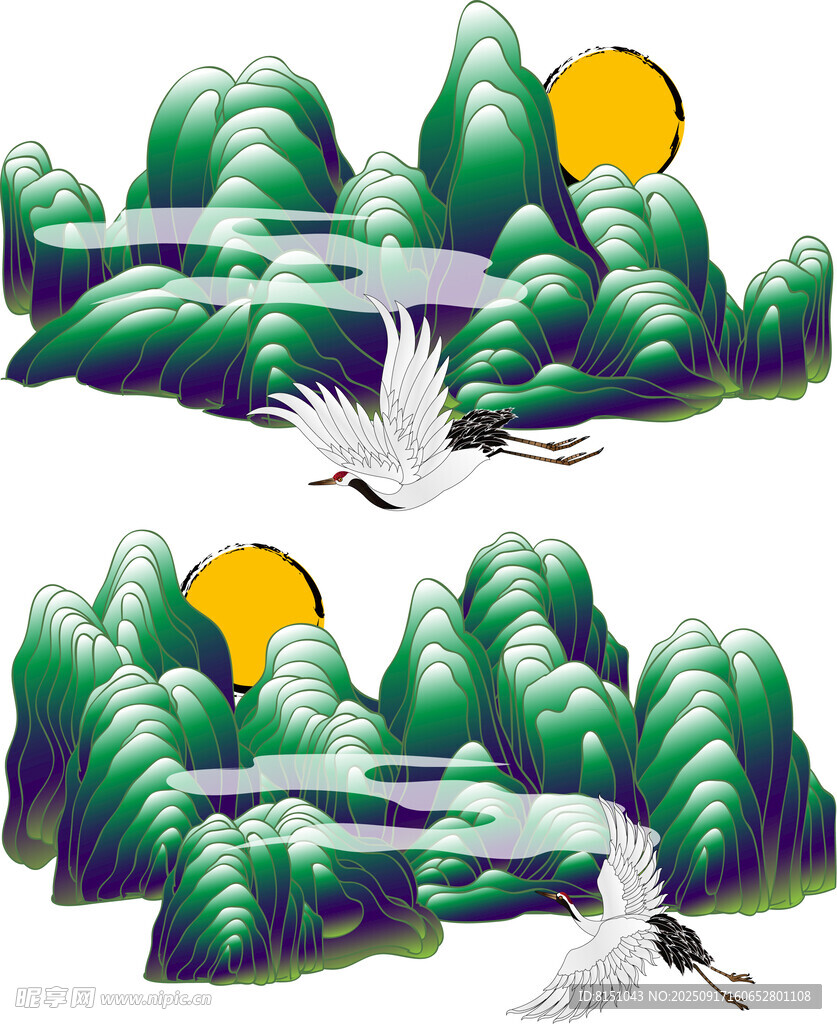 山水间白鹤伴日飞翔