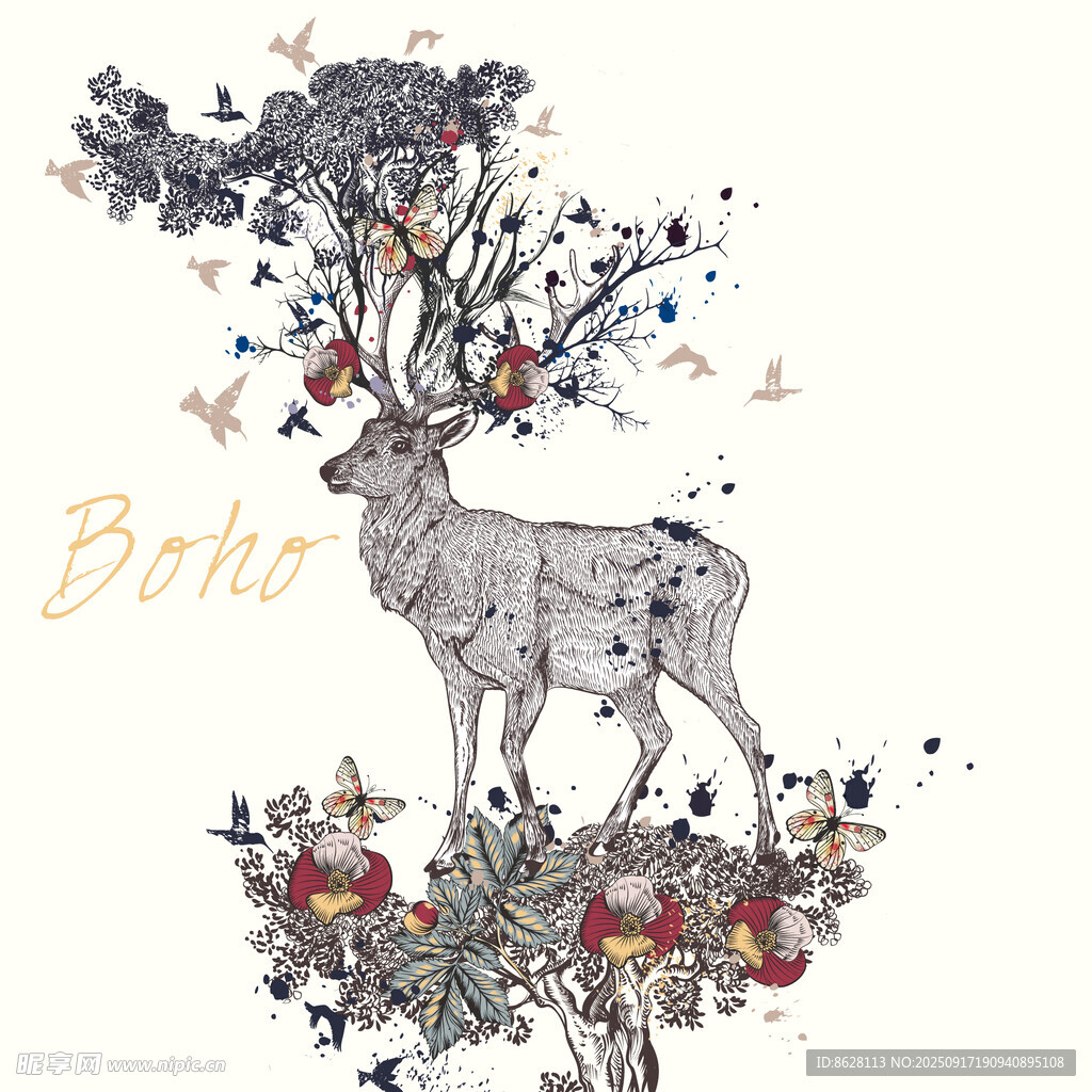 梦幻麋鹿插画自然元素点缀
