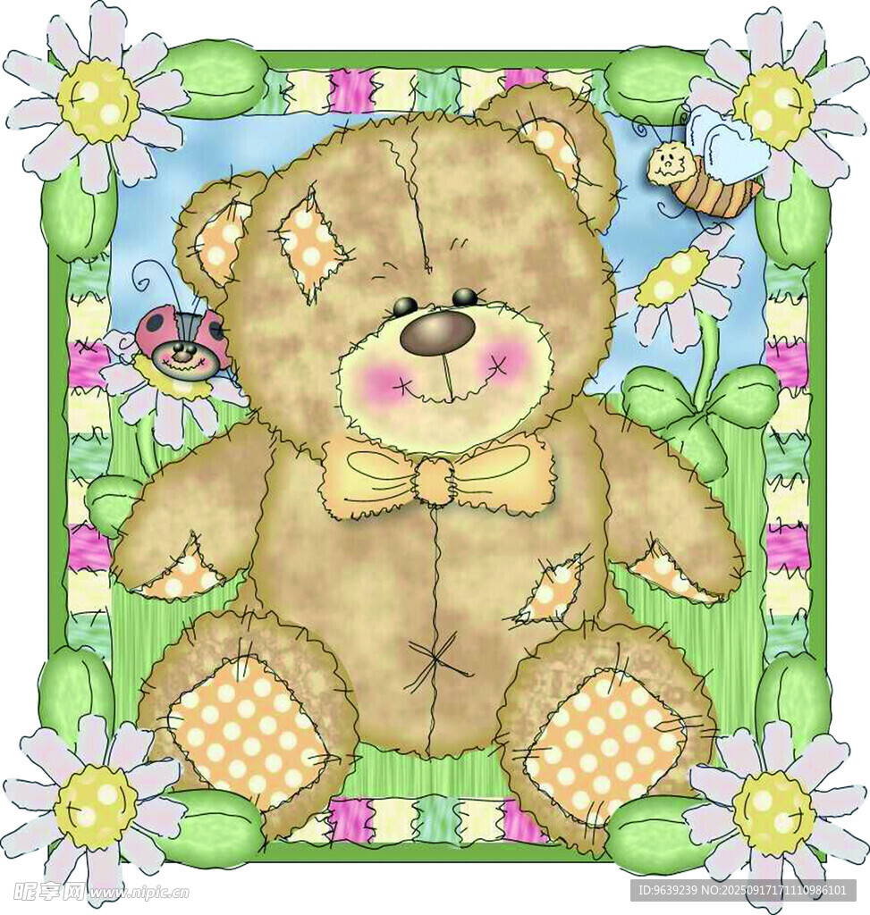 可爱小熊插画周边有花朵