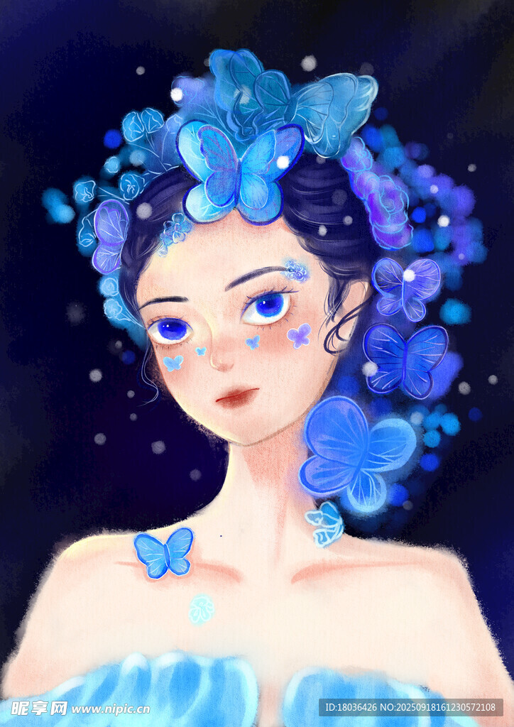 手绘蓝蝶少女蝴蝶女孩插画