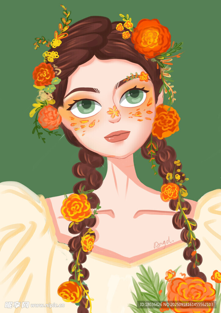 手绘鲜花女孩花环少女插画