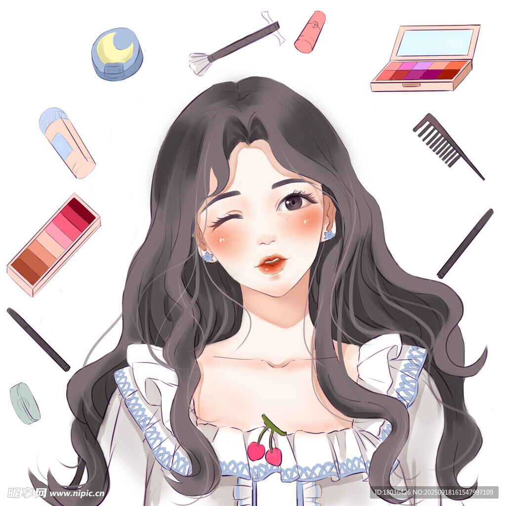 美妆少女与多样化妆用品