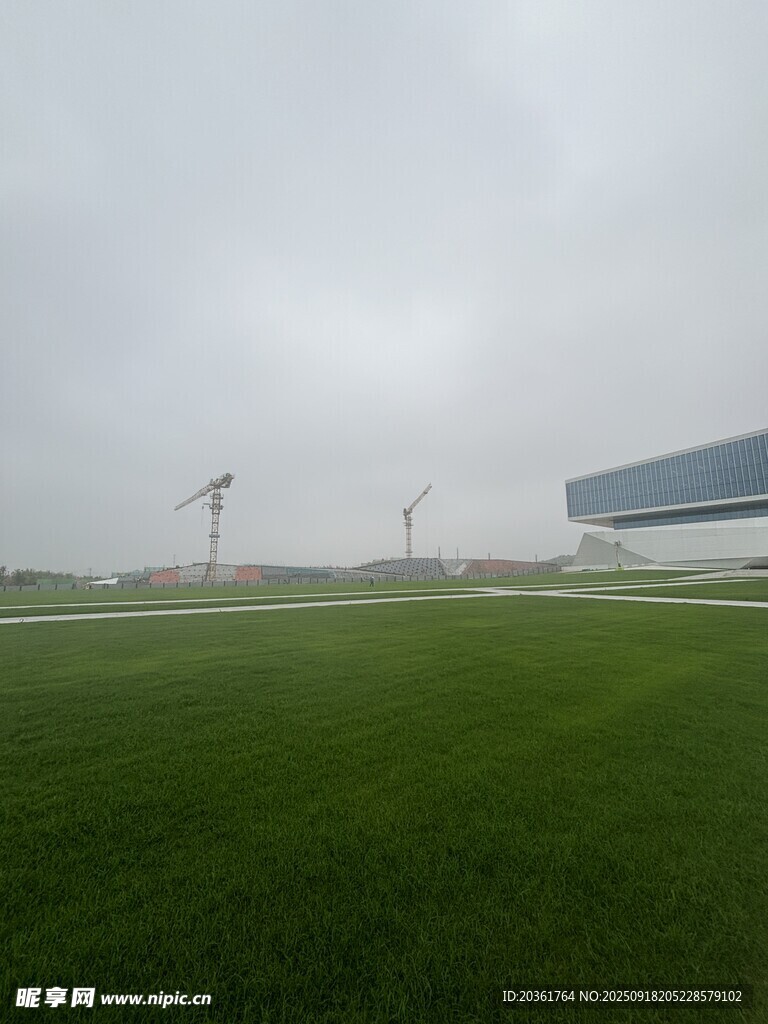 雾中草地与远处建筑塔吊