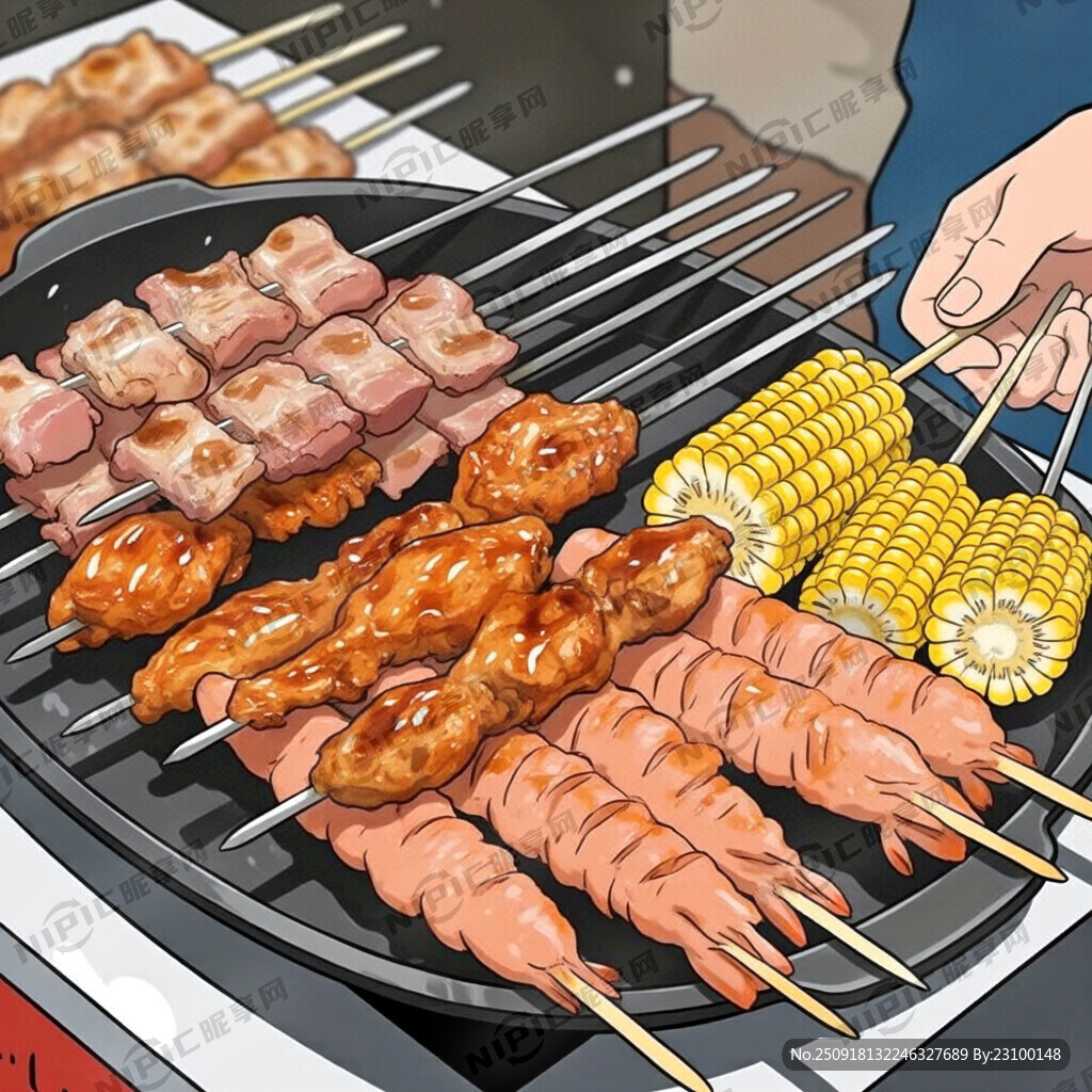 手绘漫画风格路边烧烤摊特写铁盘