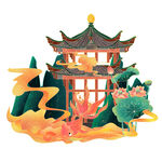 古风亭阁祥瑞景象插画