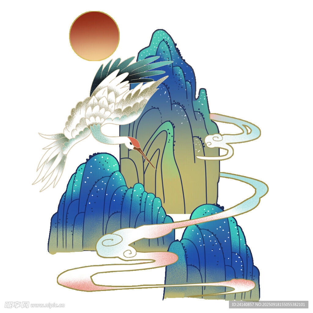 水墨山水间飞鸟伴日景
